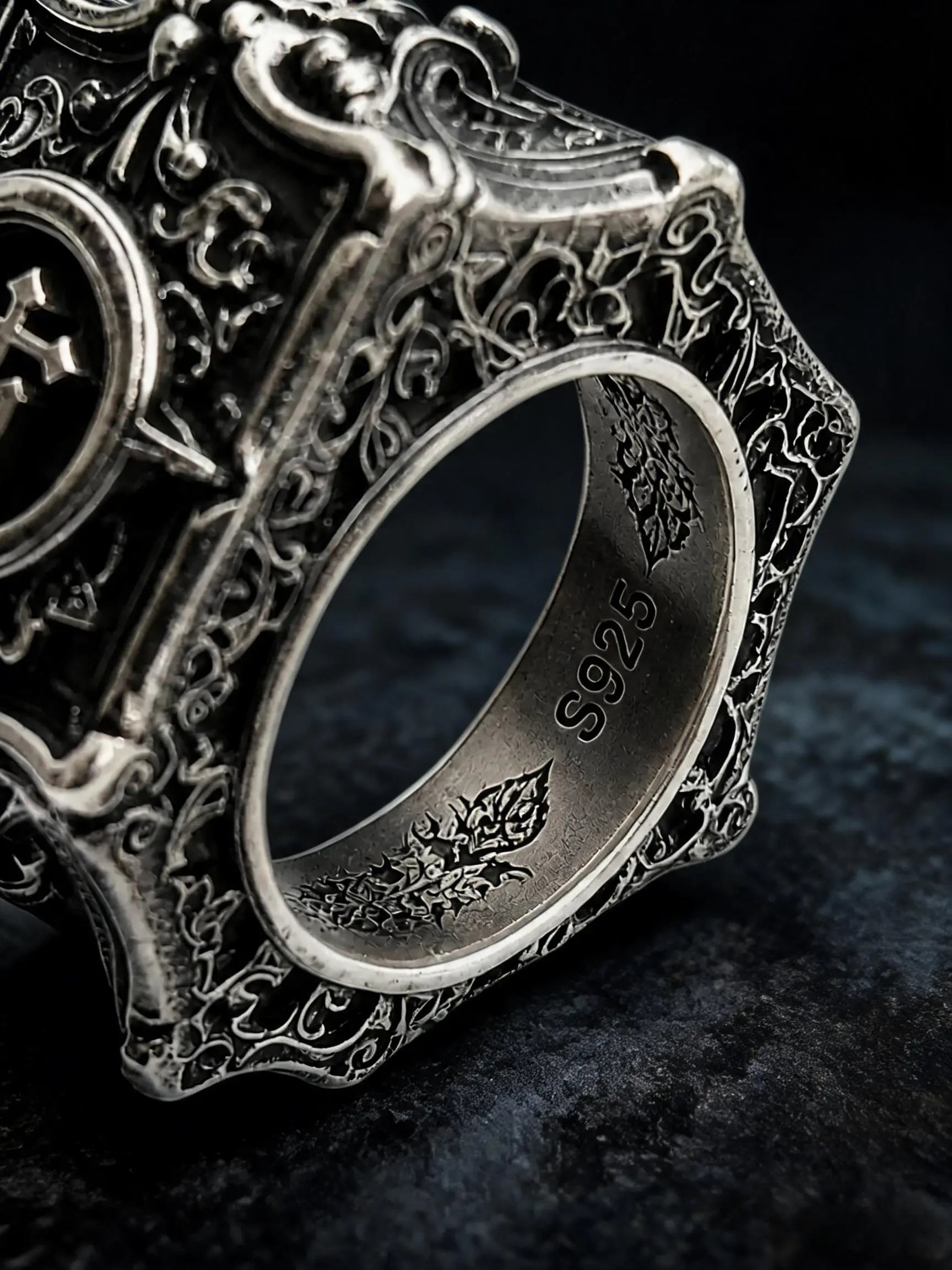 Hand wearing gothic cross signet ring — Dark Academia luxury statement piece, custom engraving available sizes 4–13