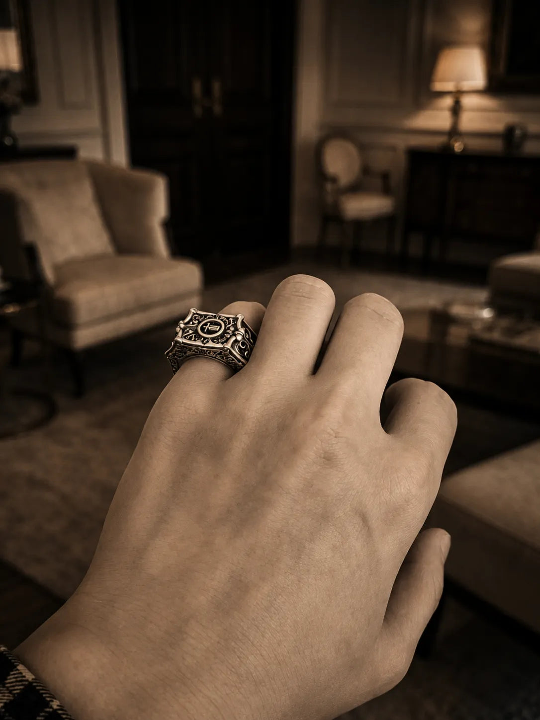 Gothic sovereign ring — museum-quality chiaroscuro hand-oxidized finish with polished silver ridges