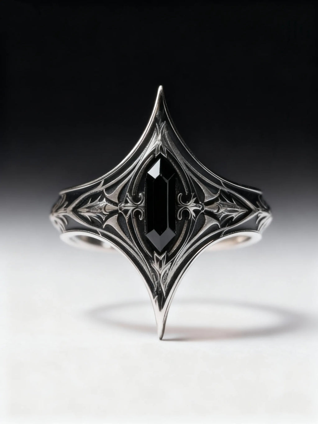 Gothic sterling silver ring with black onyx gemstone — Eternal Spire