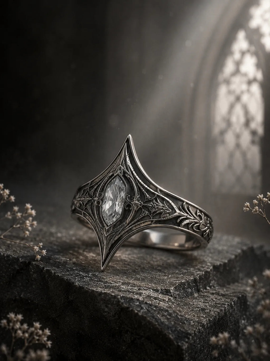 Dark fantasy handmade ring with white topaz, gothic cathedral spire design