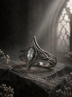 Dark fantasy handmade ring with white topaz, gothic cathedral spire design