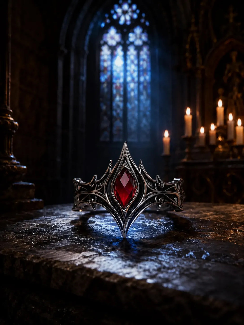 Gothic 925 sterling silver cathedral chevron ring with red moissanite — V-shaped lancet crest front view