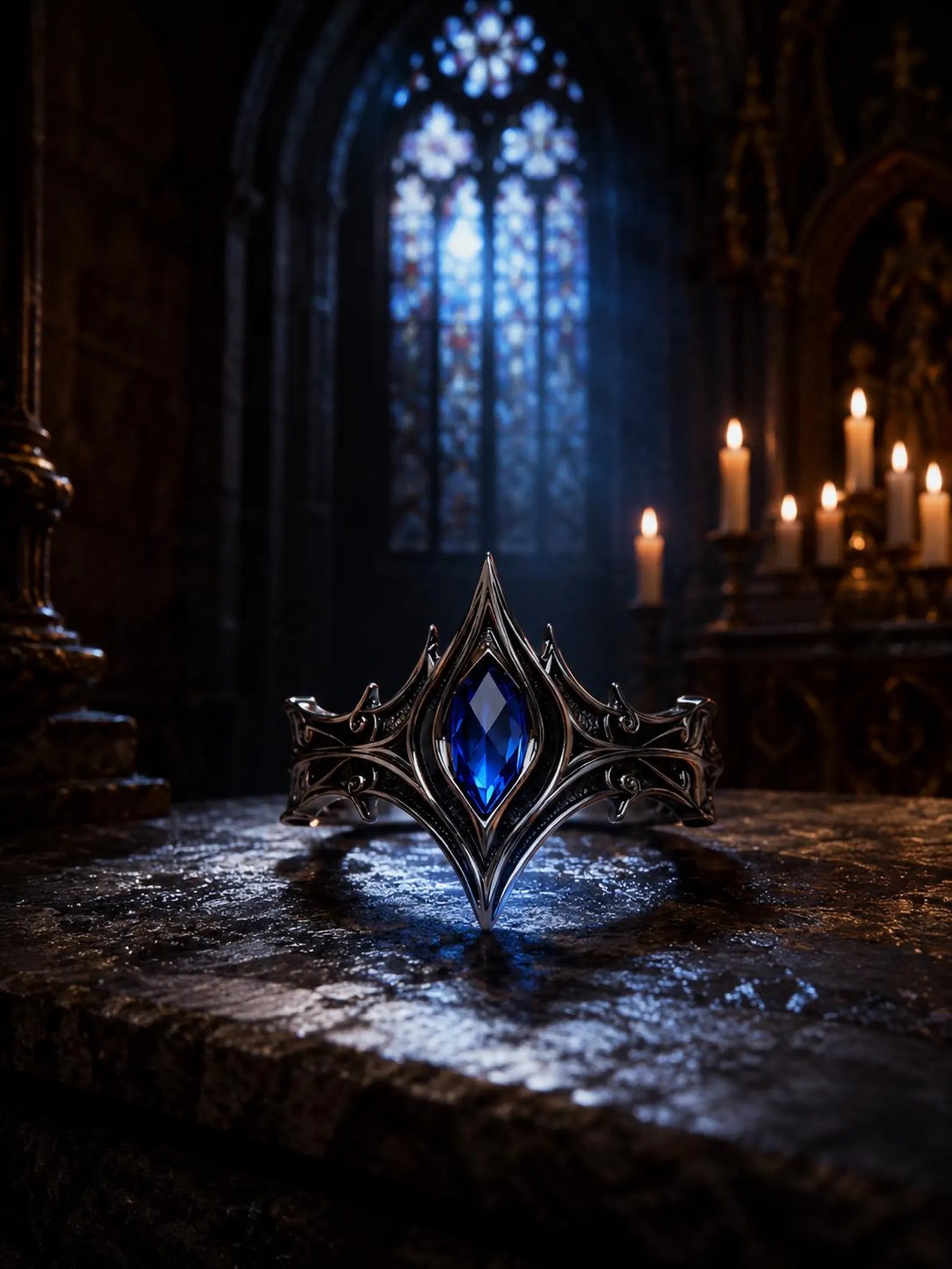 Gothic cathedral chevron ring with blue moissanite — sapphire-like marquise gemstone in V-shaped spire setting