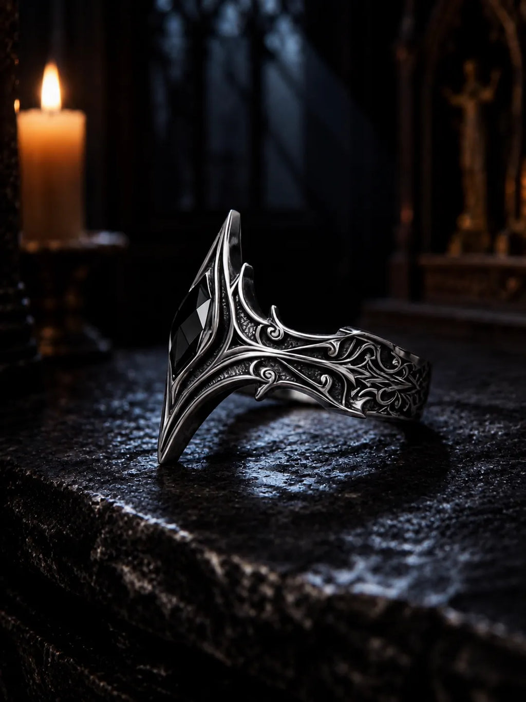 Gothic cathedral chevron ring side profile — black onyx, chiaroscuro oxidized finish, custom engraving available