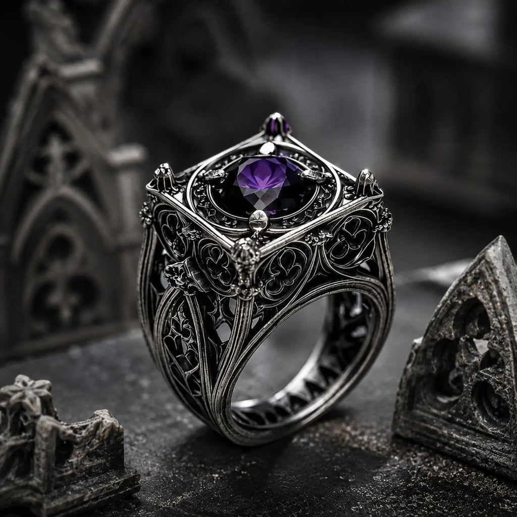 EL031 Reliquary Cage Ring — purple moissanite in diamond-shaped lozenge cage top with Gothic window tracery band