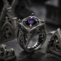 EL031 Reliquary Cage Ring — purple moissanite in diamond-shaped lozenge cage top with Gothic window tracery band