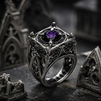 EL031 Reliquary Cage Ring — purple moissanite in diamond-shaped lozenge cage top with Gothic window tracery band