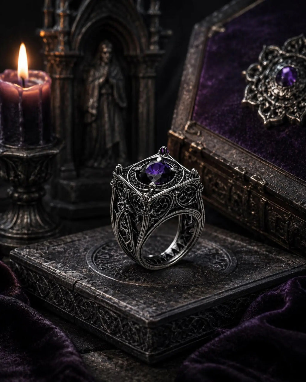 Reliquary Cage Ring close-up of Gothic window tracery panel sides — sterling silver oxidized finish