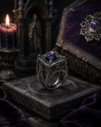 Reliquary Cage Ring close-up of Gothic window tracery panel sides — sterling silver oxidized finish