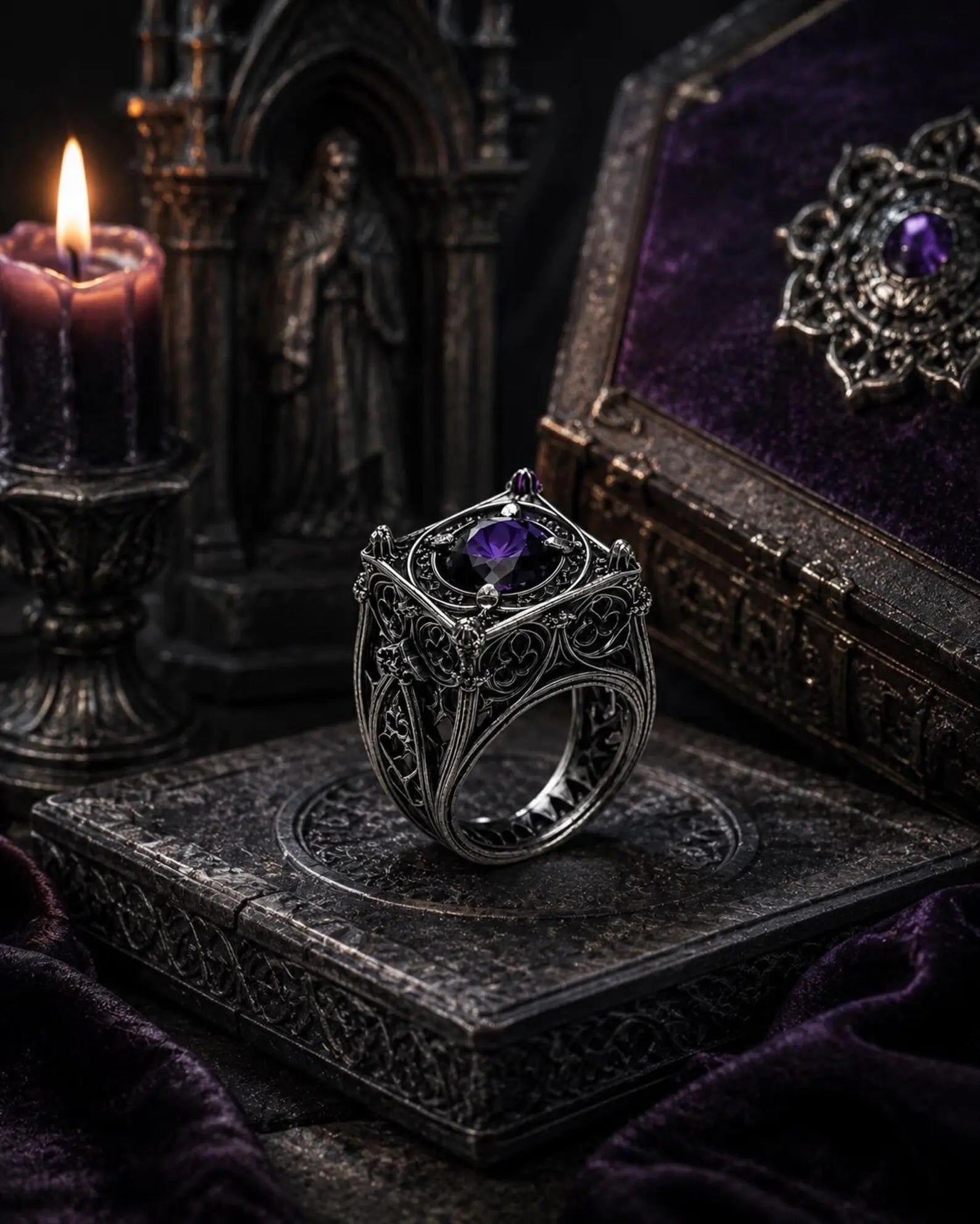 Reliquary Cage Ring close-up of Gothic window tracery panel sides — sterling silver oxidized finish