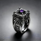 EL031 cage ring on hand — red moissanite, lozenge-top cage with four corner spires and Gothic tracery band