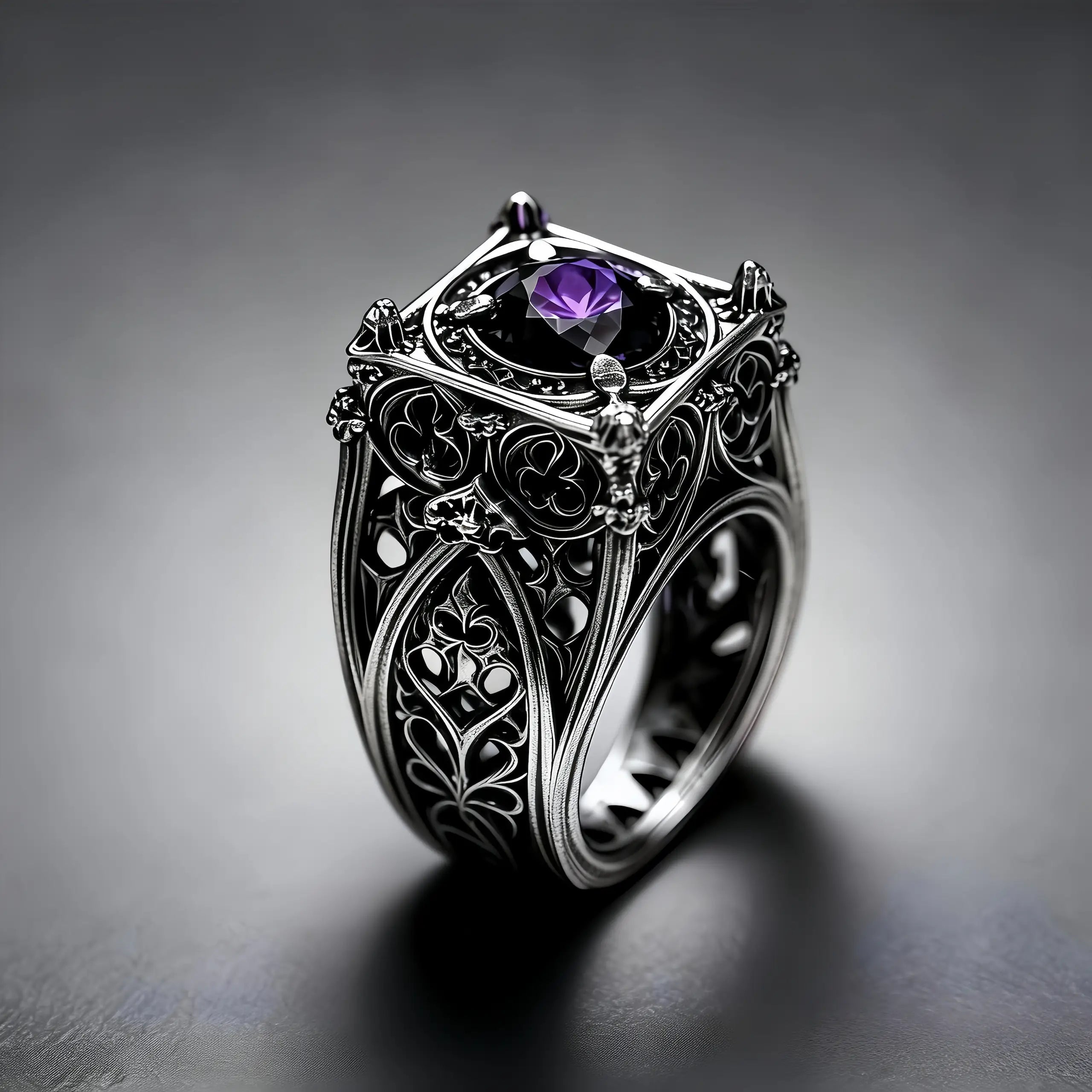 EL031 cage ring on hand — red moissanite, lozenge-top cage with four corner spires and Gothic tracery band