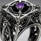 EL031 Reliquary Cage Ring worn — diamond-shaped cage top with corner spires, blue moissanite, Gothic tracery sides
