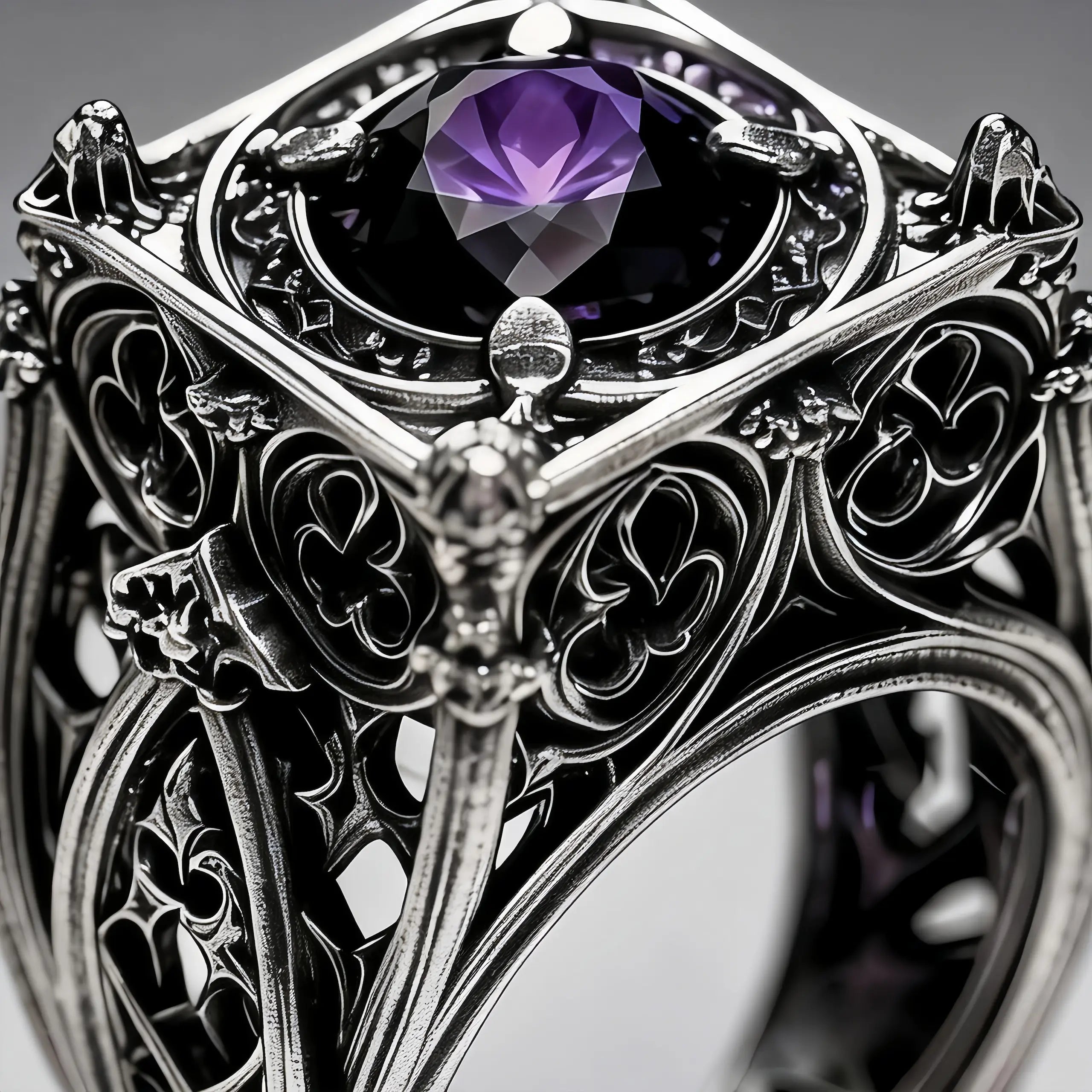 EL031 Reliquary Cage Ring worn — diamond-shaped cage top with corner spires, blue moissanite, Gothic tracery sides