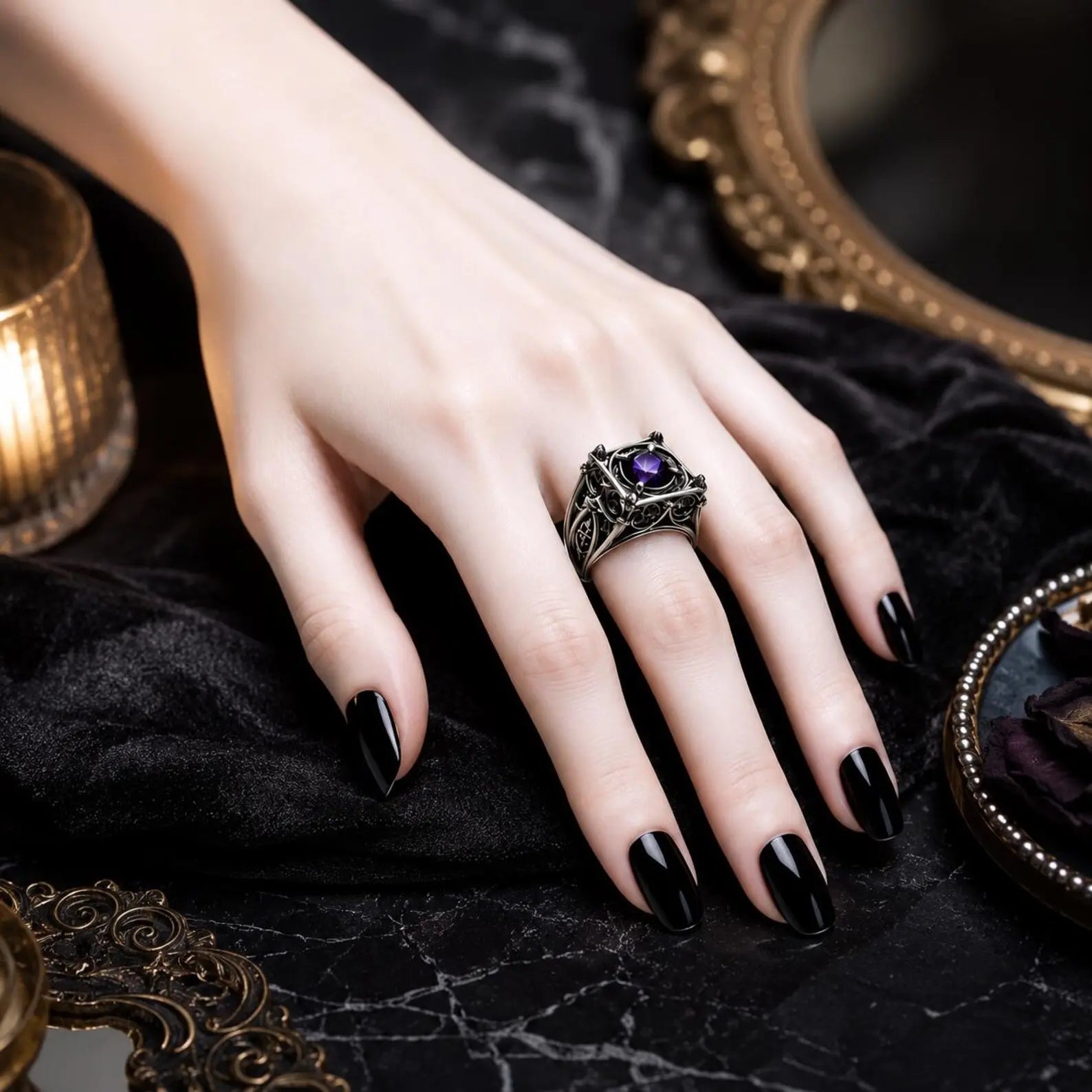EL031 ring side view showing Gothic window tracery architecture and round brilliant moissanite inside cage