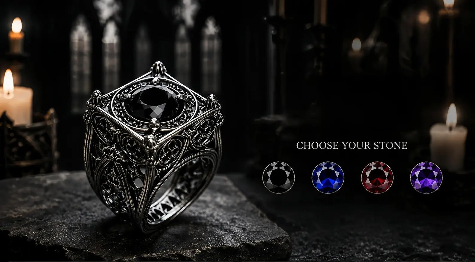 Reliquary Cage Ring flat lay top view — lozenge cage architecture with corner spires, oxidized sterling silver