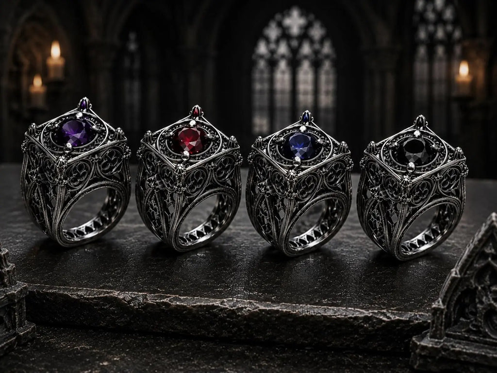 EL031 cage ring with black moissanite — Gothic reliquary design, diamond-shaped top, tracery band detail