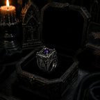 EL031 Reliquary Cage Ring close-up of Gothic tracery window pattern on band, oxidized silver finish