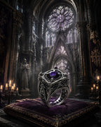 EL031 Reliquary Cage Ring in four color variants — purple, red, blue, black moissanite — sterling silver cage setting