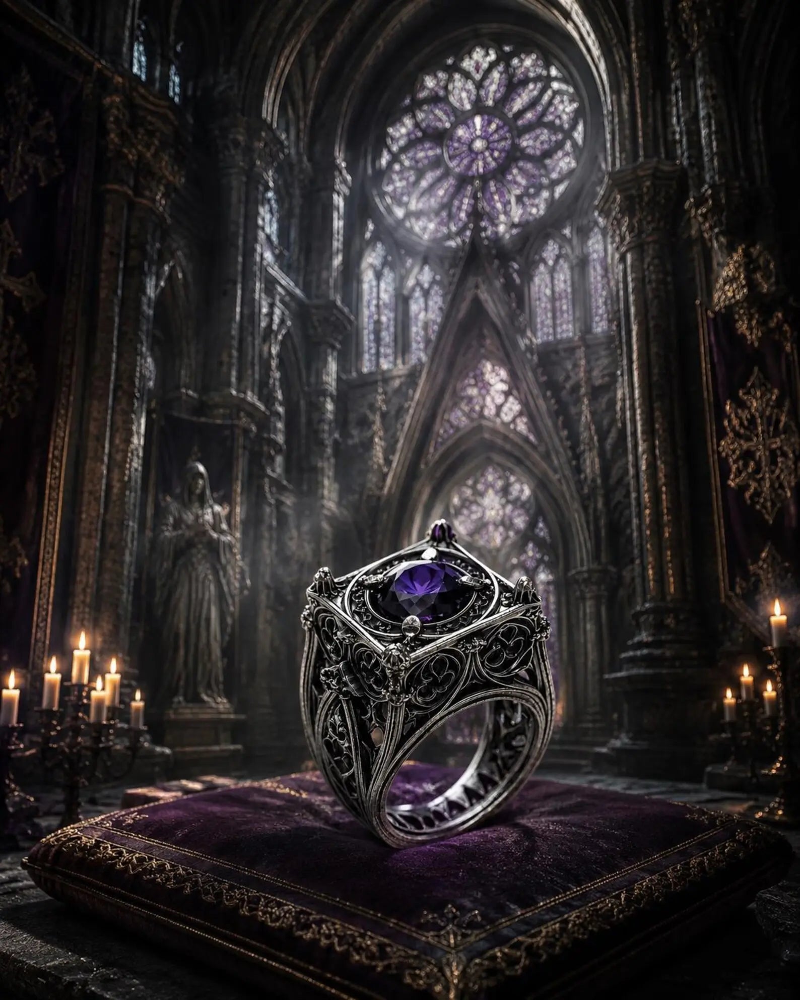 EL031 Reliquary Cage Ring in four color variants — purple, red, blue, black moissanite — sterling silver cage setting