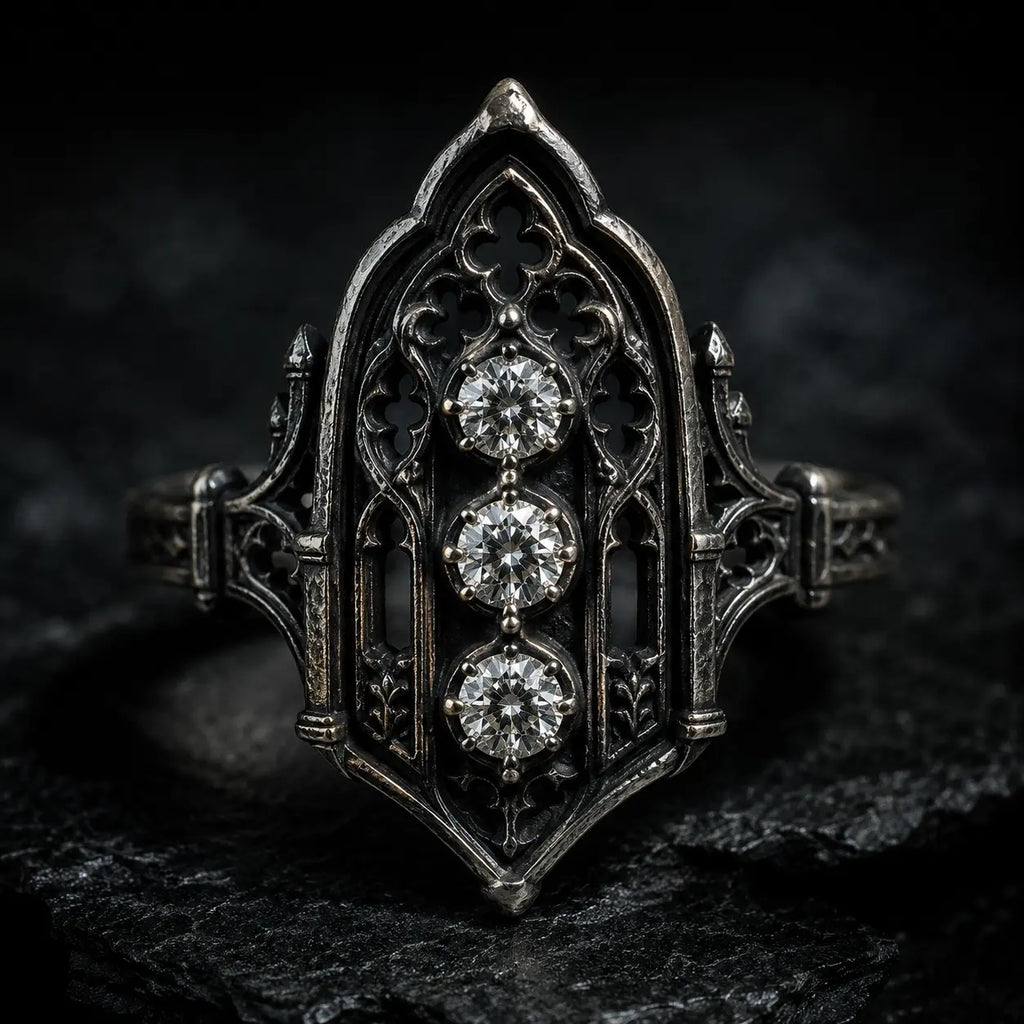 Gothic-style ring with three diamonds, moissanite, Victorian, oxidized silver