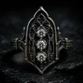 Gothic-style ring with three diamonds, moissanite, Victorian, oxidized silver