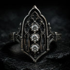Gothic-style ring with three diamonds, moissanite, Victorian, oxidized silver