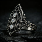 Decorative silver ring with three gemstones, moissanite, Victorian, oxidized silver