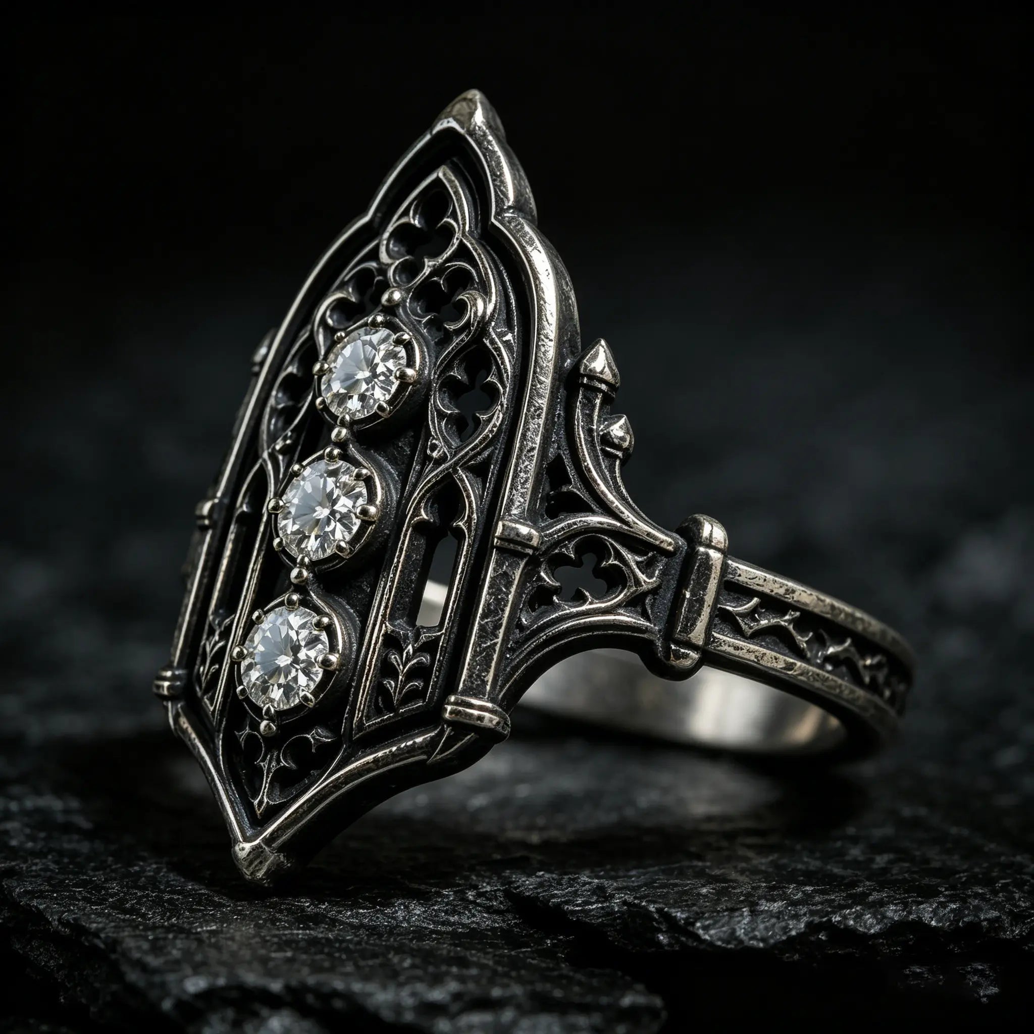 Decorative silver ring with three gemstones, moissanite, Victorian, oxidized silver