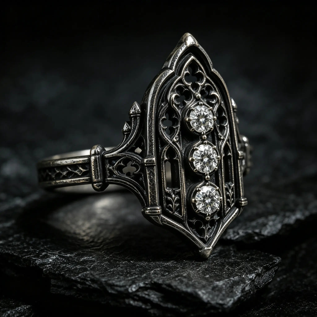 Decorative ring with three diamonds, moissanite, Victorian, oxidized silver