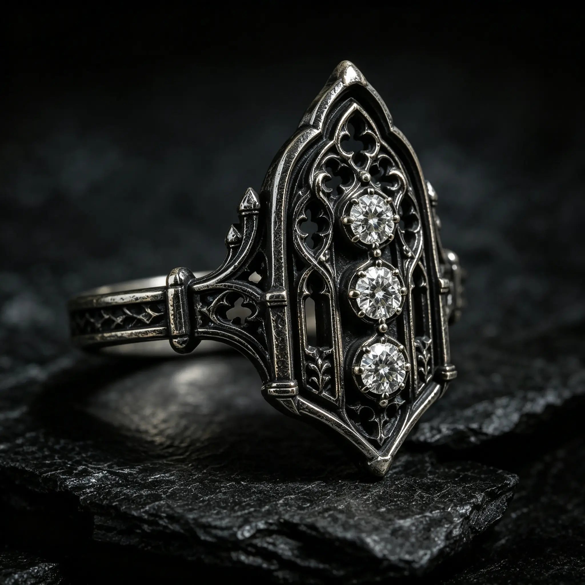 Decorative ring with three diamonds, moissanite, Victorian, oxidized silver