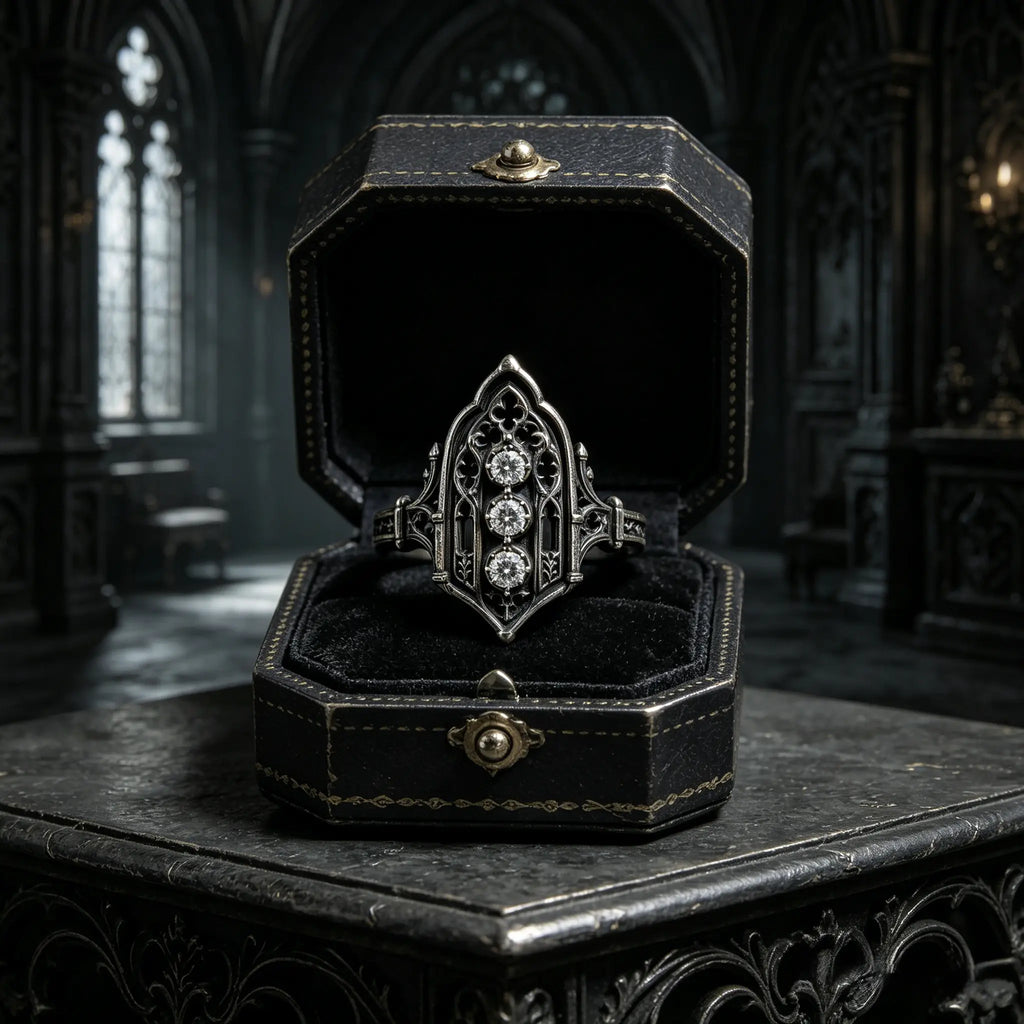Decorative ring in a black jewelry box, moissanite, Victorian, oxidized silver