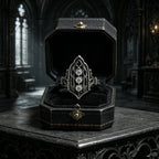 Decorative ring in a black jewelry box, moissanite, Victorian, oxidized silver