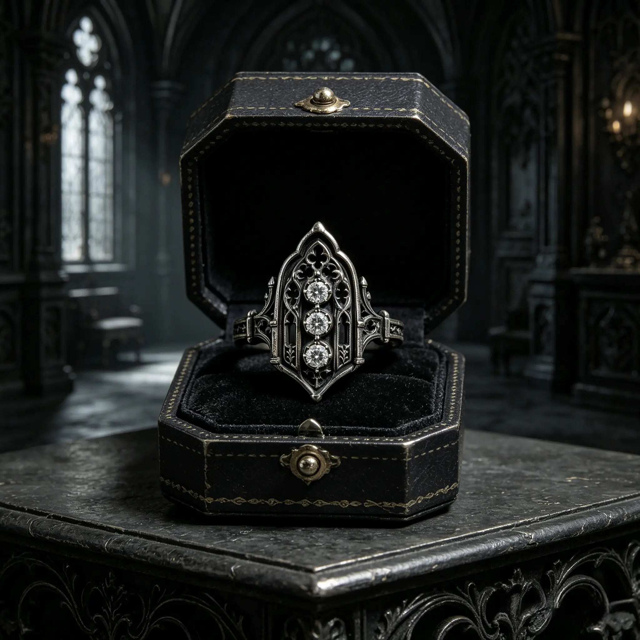 Decorative ring in a black jewelry box, moissanite, Victorian, oxidized silver