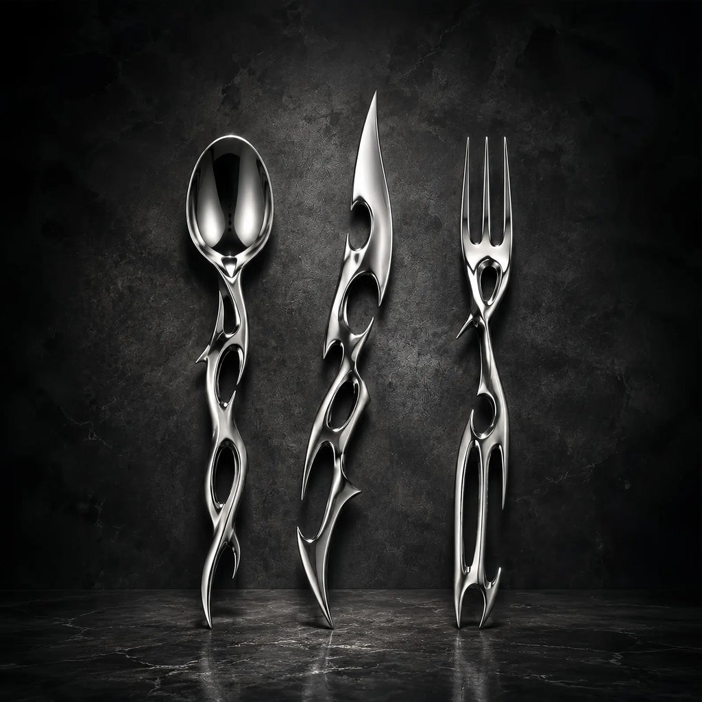 Cyber Baroque gothic-futurist cutlery set — mirror-polished spoon, knife and fork with biomorphic thorn handles on a dark wall