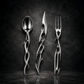 Cyber Baroque gothic-futurist cutlery set — mirror-polished spoon, knife and fork with biomorphic thorn handles on a dark wall