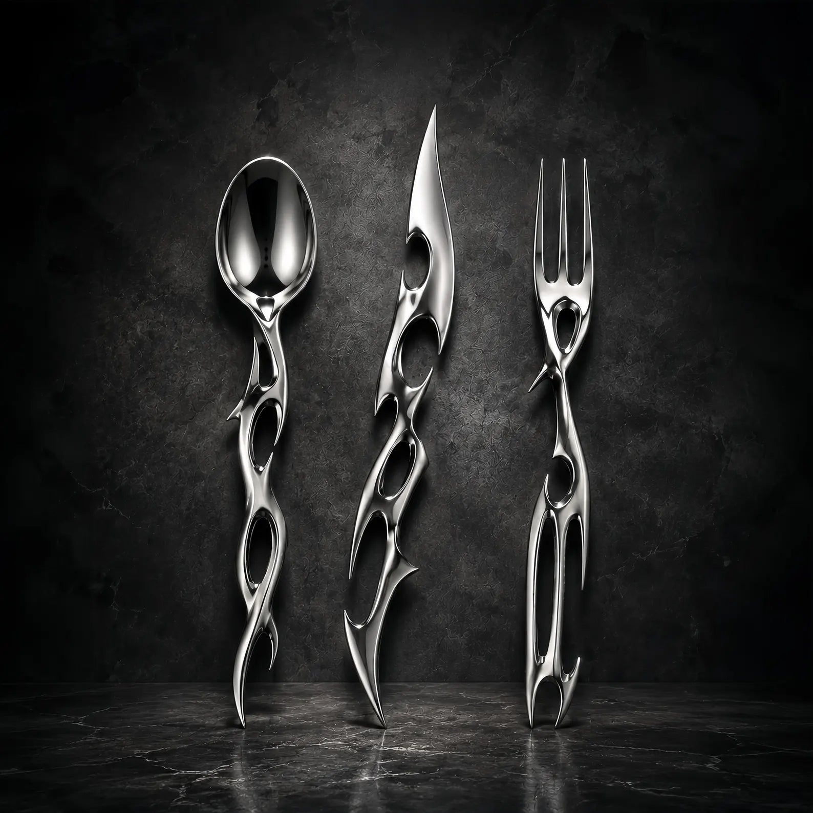 Cyber Baroque gothic-futurist cutlery set — mirror-polished spoon, knife and fork with biomorphic thorn handles on a dark wall