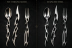 Side-by-side comparison of the cutlery set in 925 sterling silver and polished stainless steel