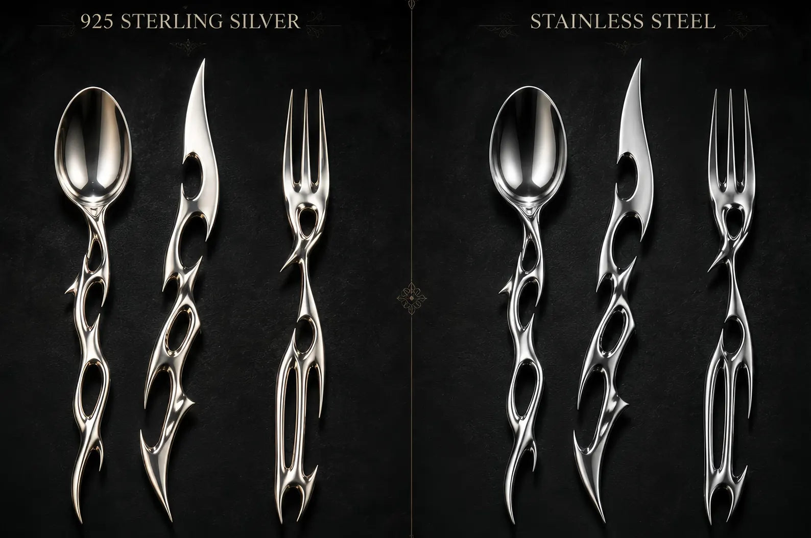 Side-by-side comparison of the cutlery set in 925 sterling silver and polished stainless steel