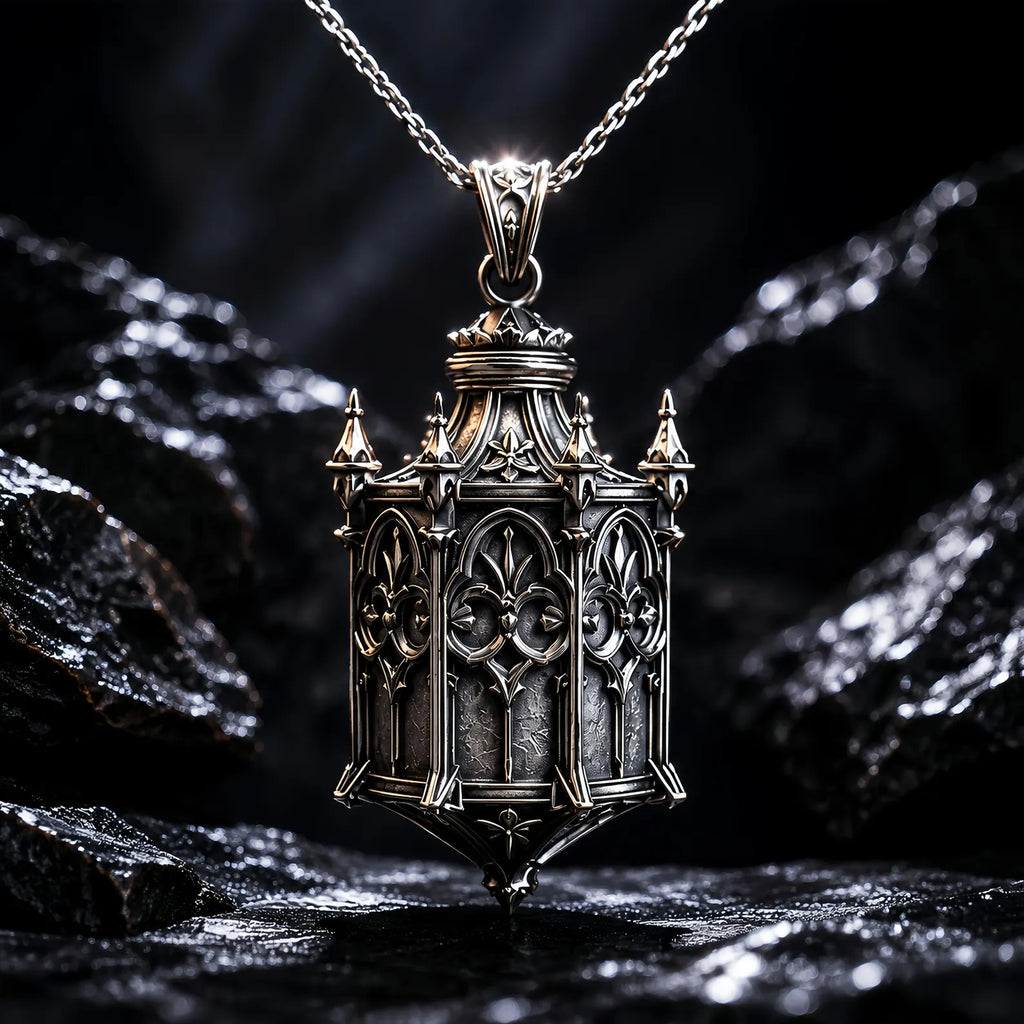 Sterling silver Cathedral Lantern Gothic pendant necklace on a chain against dark rock