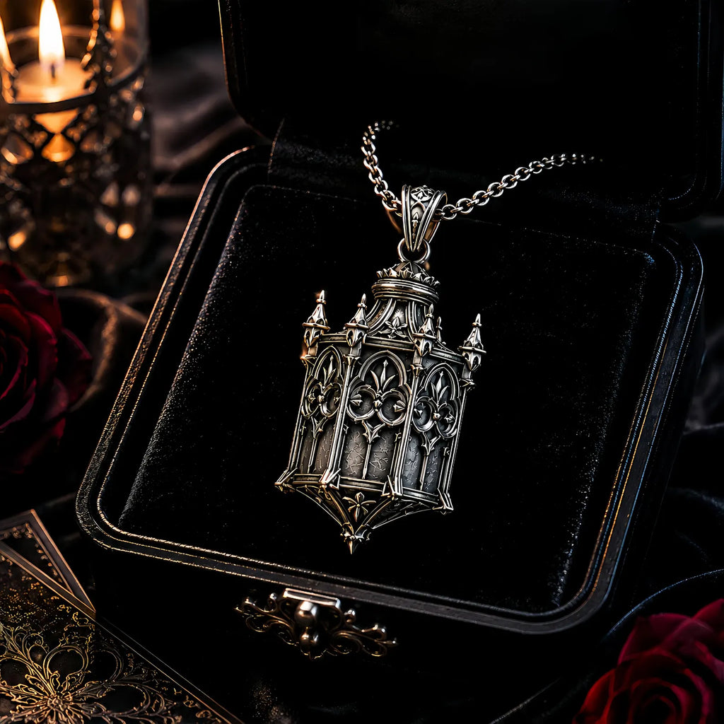 Cathedral Lantern Gothic pendant necklace displayed in a black velvet jewelry box with red roses