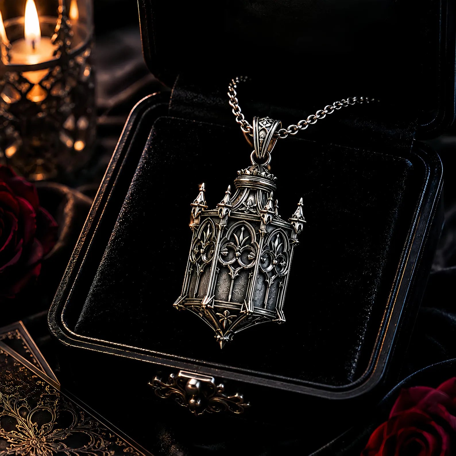 Cathedral Lantern Gothic pendant necklace displayed in a black velvet jewelry box with red roses