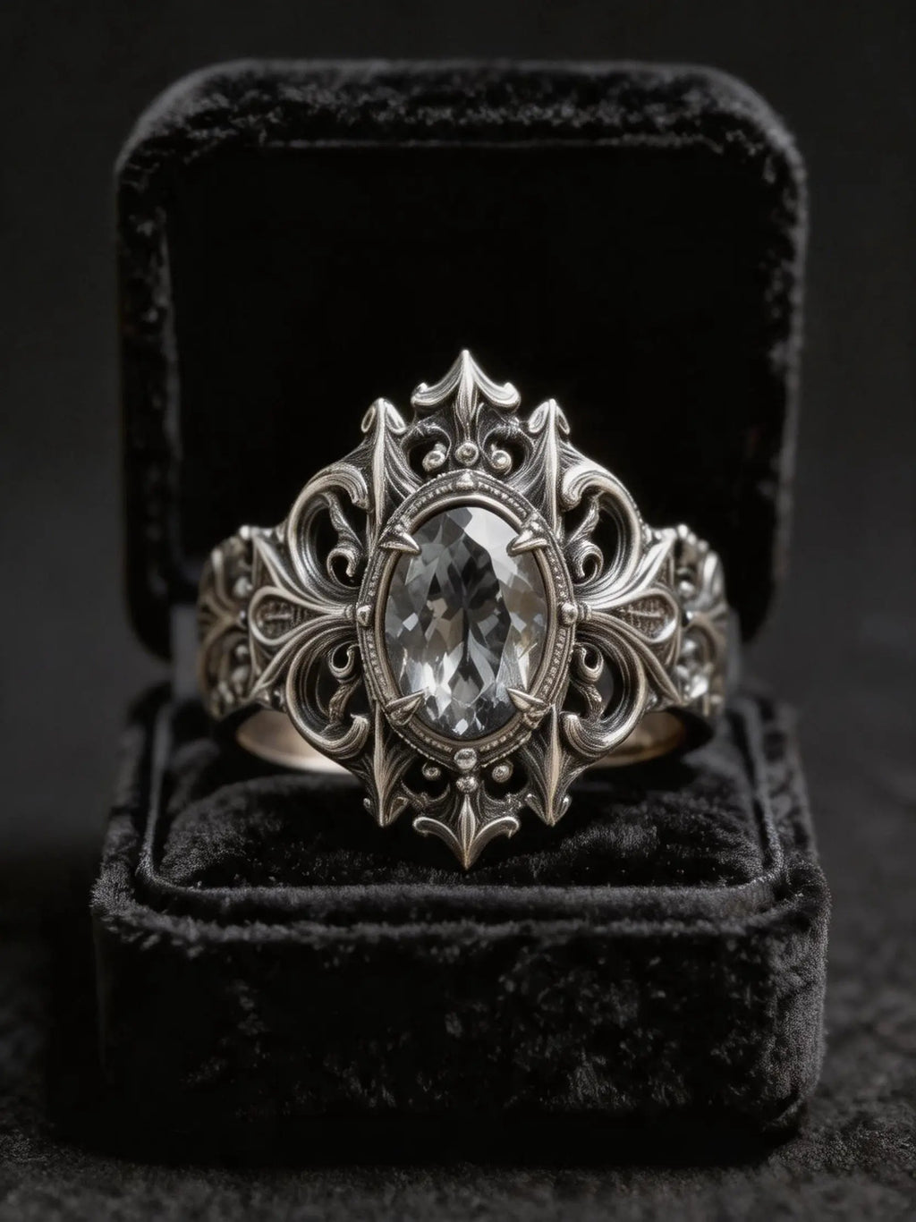 Cathedral Crest Ring side profile — medieval gothic band with deep oxidized patina and chiaroscuro tracery