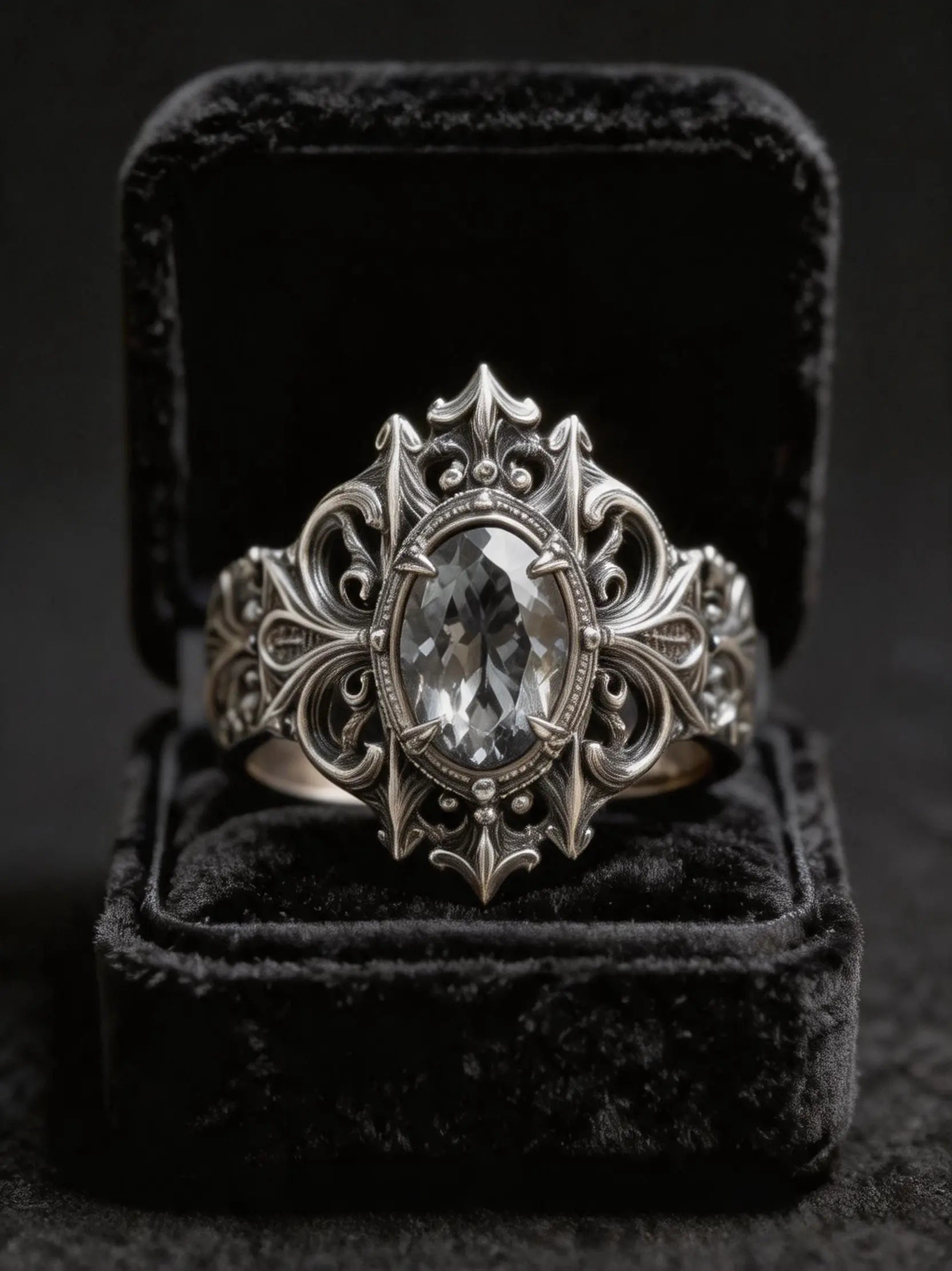 Cathedral Crest Ring side profile — medieval gothic band with deep oxidized patina and chiaroscuro tracery