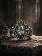 Gothic 925 sterling silver cathedral crest ring with white topaz — crown-like gables front view