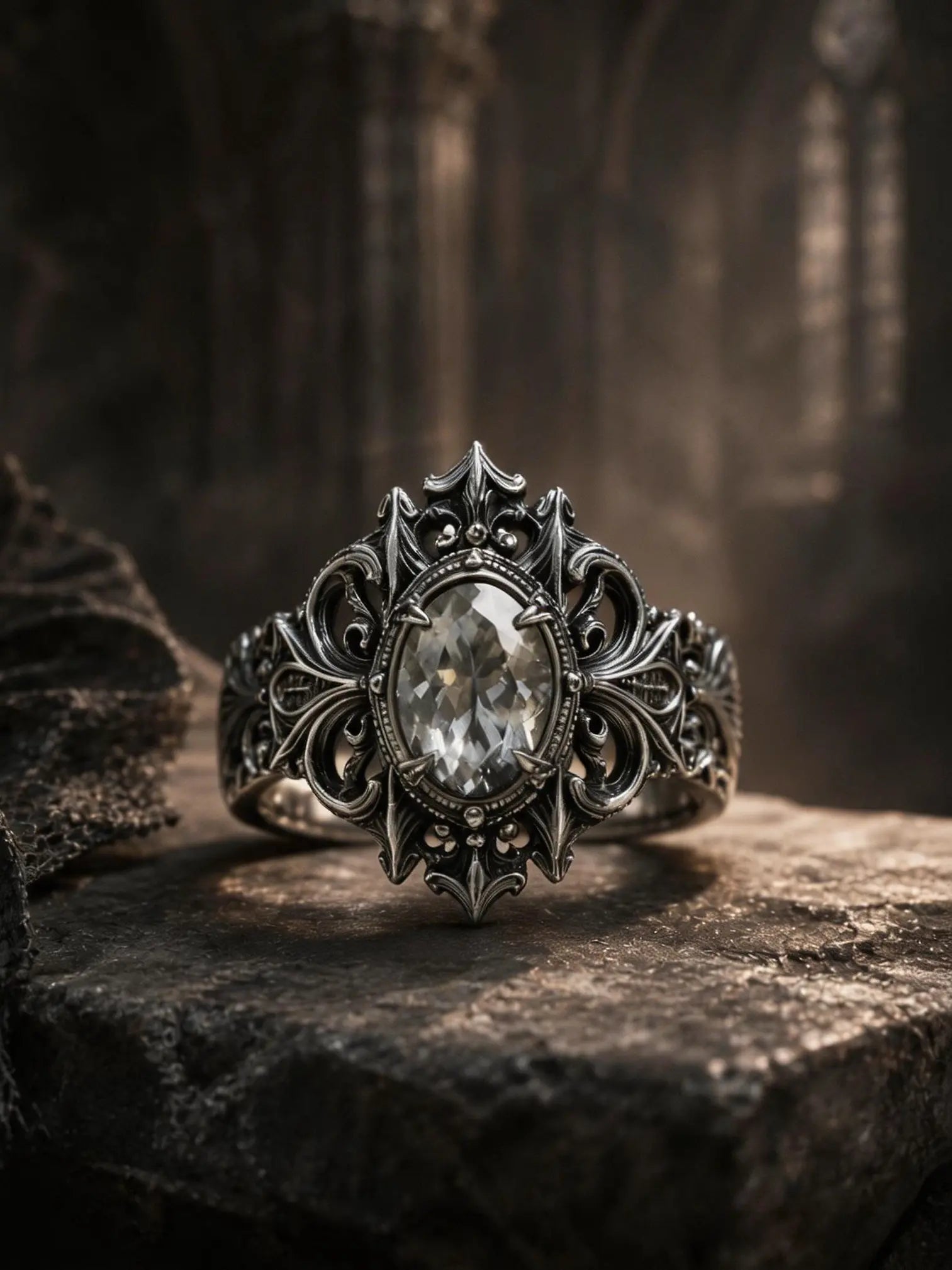 Gothic 925 sterling silver cathedral crest ring with white topaz — crown-like gables front view
