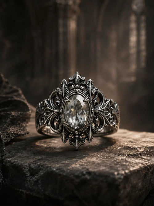 Gothic 925 sterling silver cathedral crest ring with white topaz — crown-like gables front view