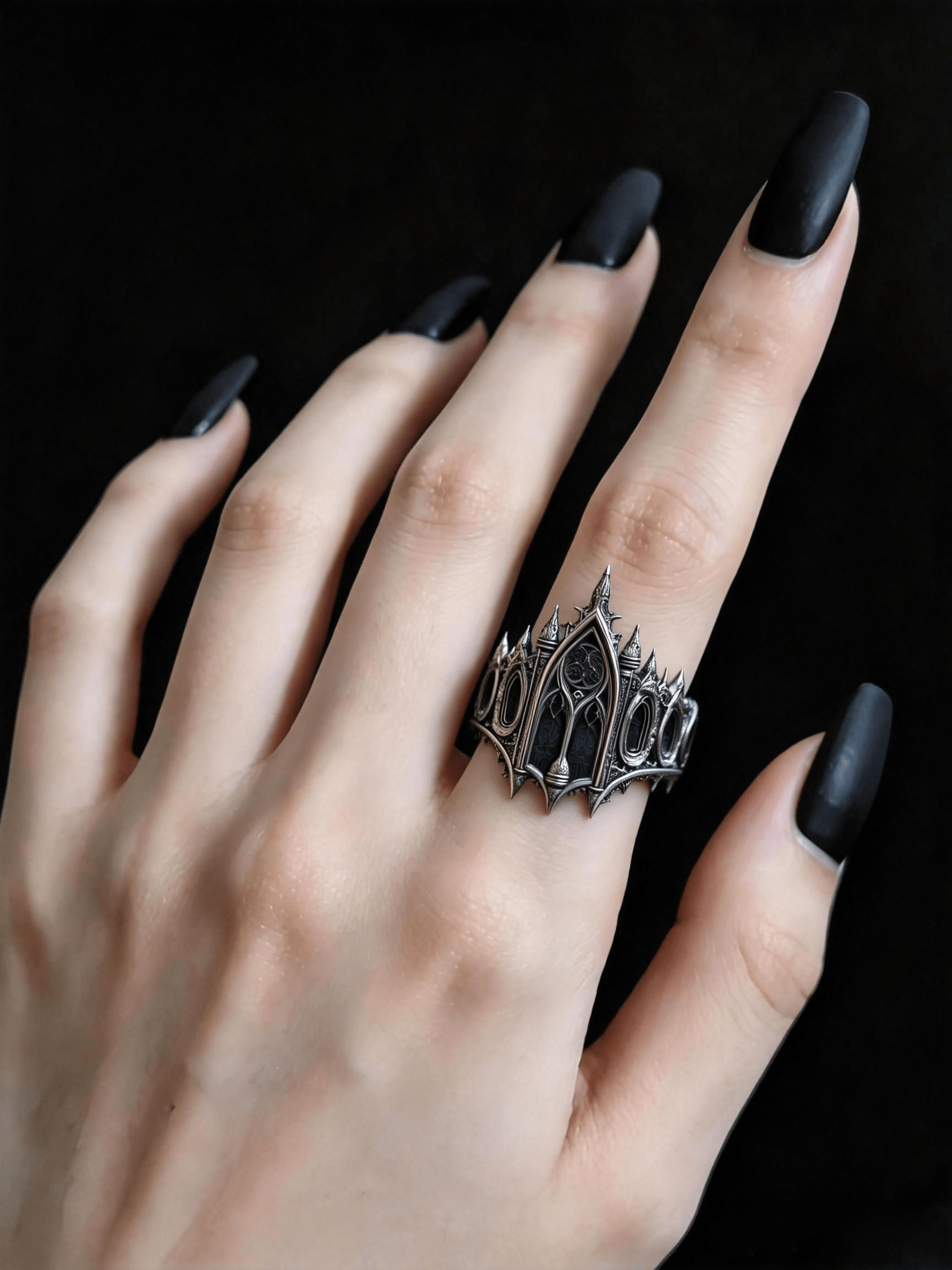 Hand wearing gothic sterling silver crown ring with dark nail polish — statement piece