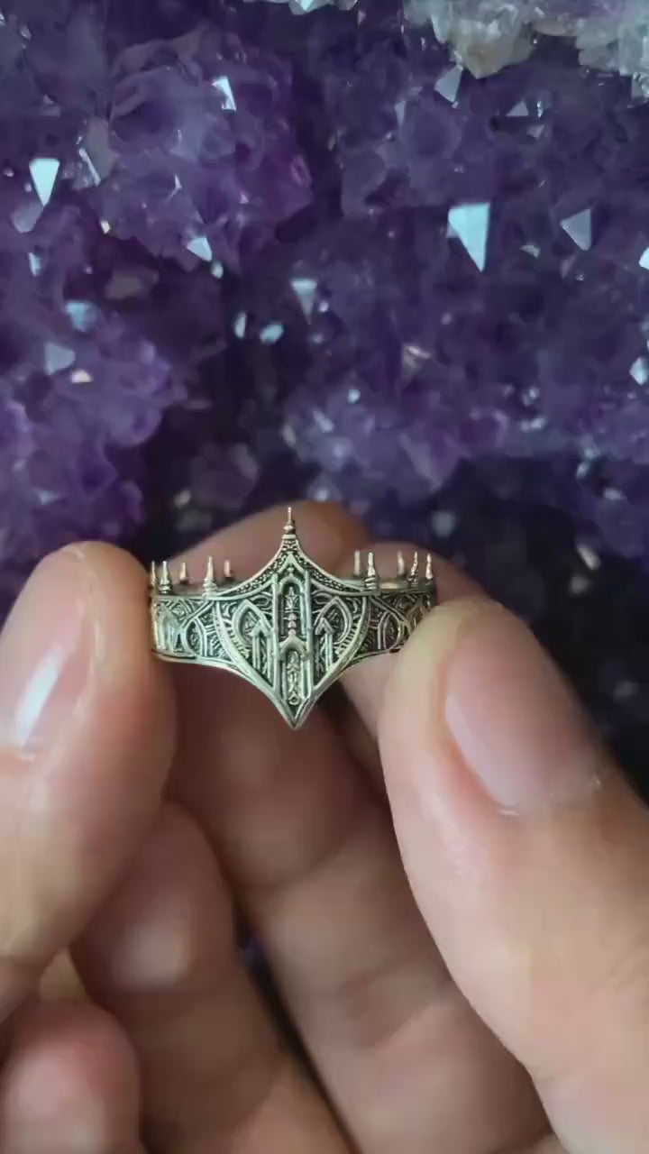 No Name Craft Co. Cathedral Citadel Crown Ring video — gothic 925 sterling silver medieval fortress ring