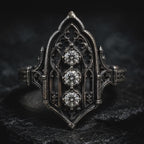 Gothic Cathedral Diamond Ring, Victorian, oxidized silver, moissanite, dark academia